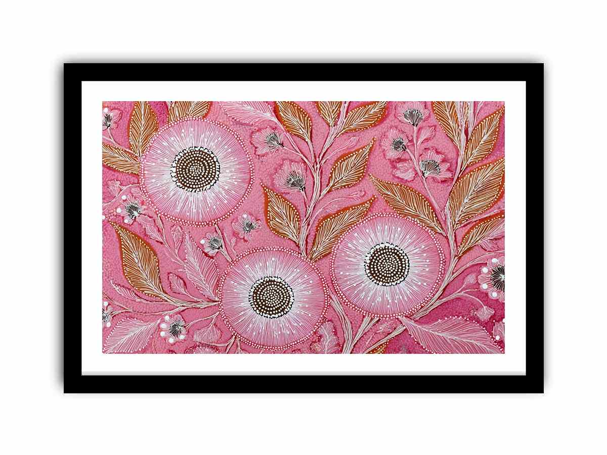 Pink botanical canvas art with dotted flowers and ochre leaves for modern living room decor.