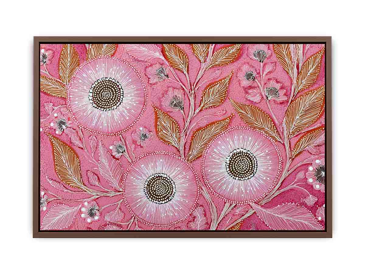Pink botanical canvas art with dotted flowers and ochre leaves for modern living room decor.
