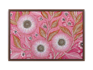 Pink botanical canvas art with dotted flowers and ochre leaves for modern living room decor.