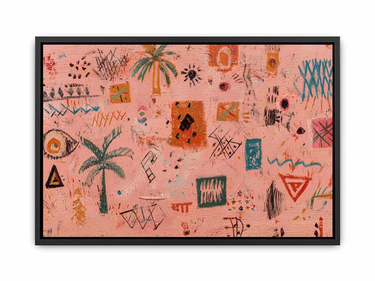 Peach abstract canvas art with palm symbols and expressive marks for creative modern office decor.