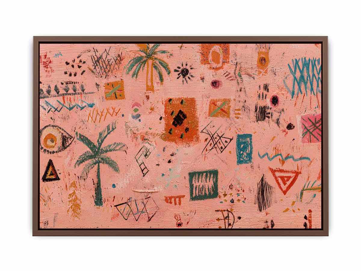 Peach abstract canvas art with palm symbols and expressive marks for creative modern office decor.