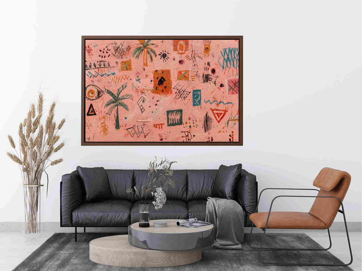 Peach abstract canvas art with palm symbols and expressive marks for creative modern office decor.