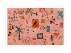 Peach abstract canvas art with palm symbols and expressive marks for creative modern office decor.