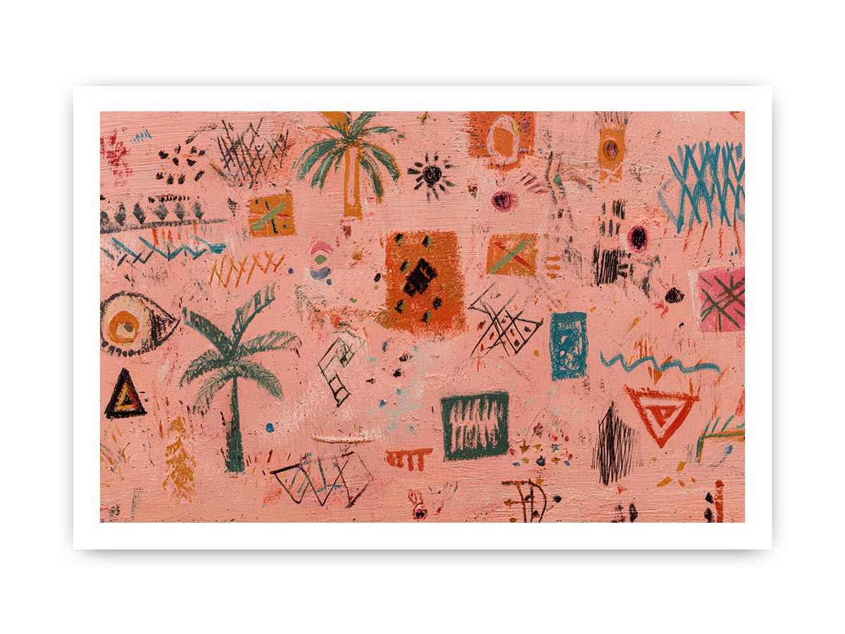 Peach abstract canvas art with palm symbols and expressive marks for creative modern office decor.