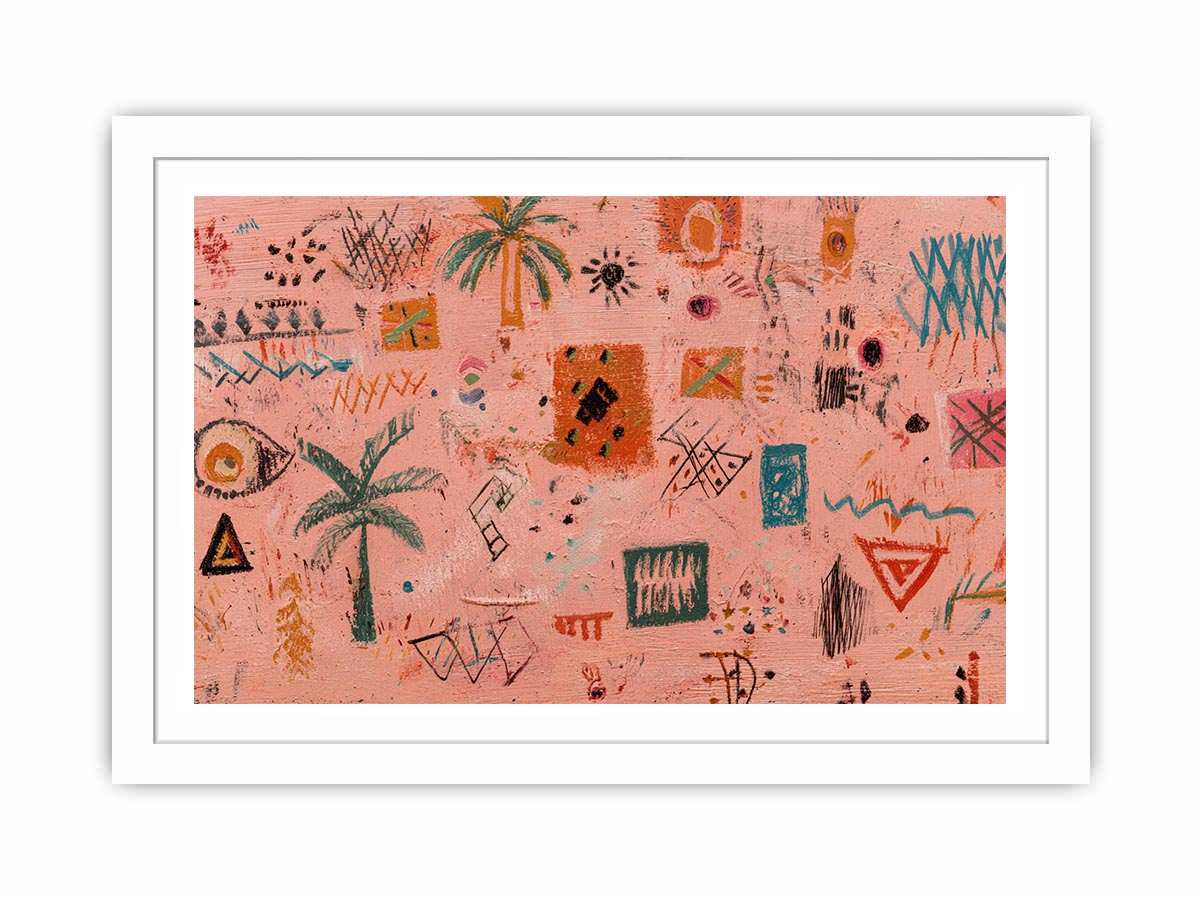 Peach abstract canvas art with palm symbols and expressive marks for creative modern office decor.