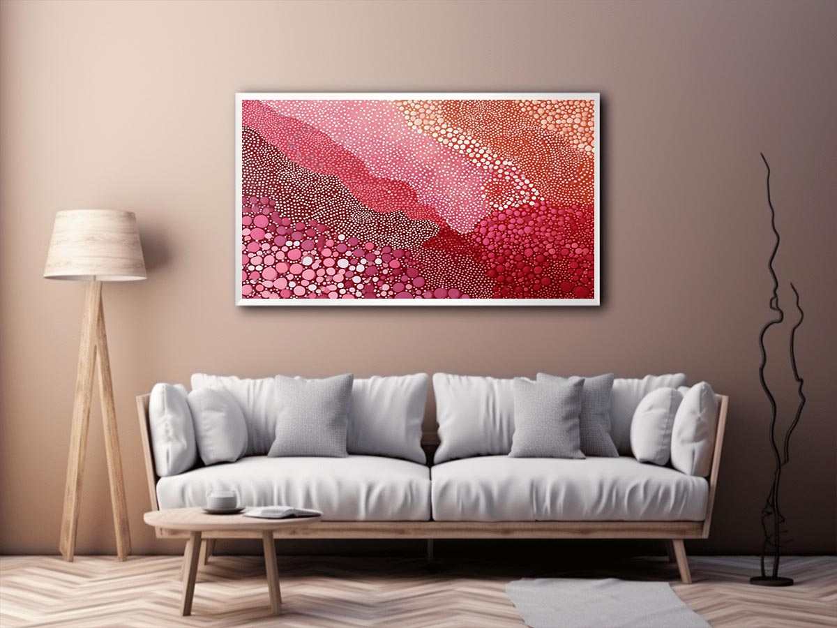 Pink dotted abstract landscape canvas art for bold modern living room wall decor.