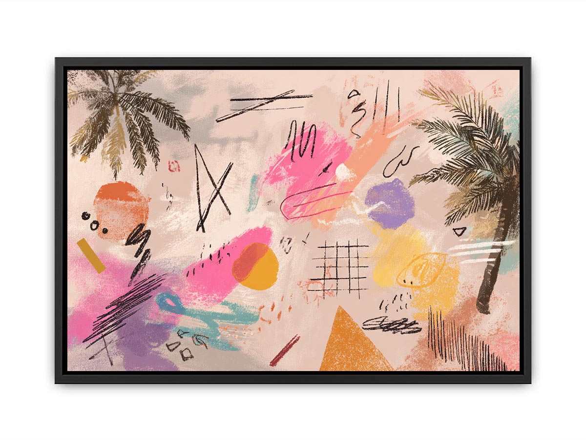 Soft abstract palm canvas art with pink, teal, and yellow marks for coastal modern room decor.