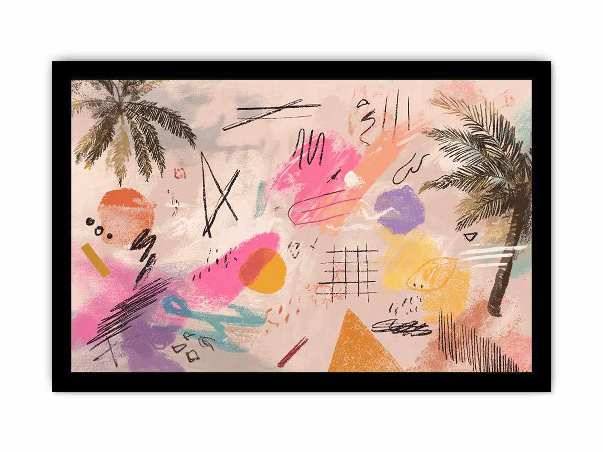 Soft abstract palm canvas art with pink, teal, and yellow marks for coastal modern room decor.