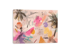 Soft abstract palm canvas art with pink, teal, and yellow marks for coastal modern room decor.