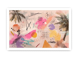 Soft abstract palm canvas art with pink, teal, and yellow marks for coastal modern room decor.
