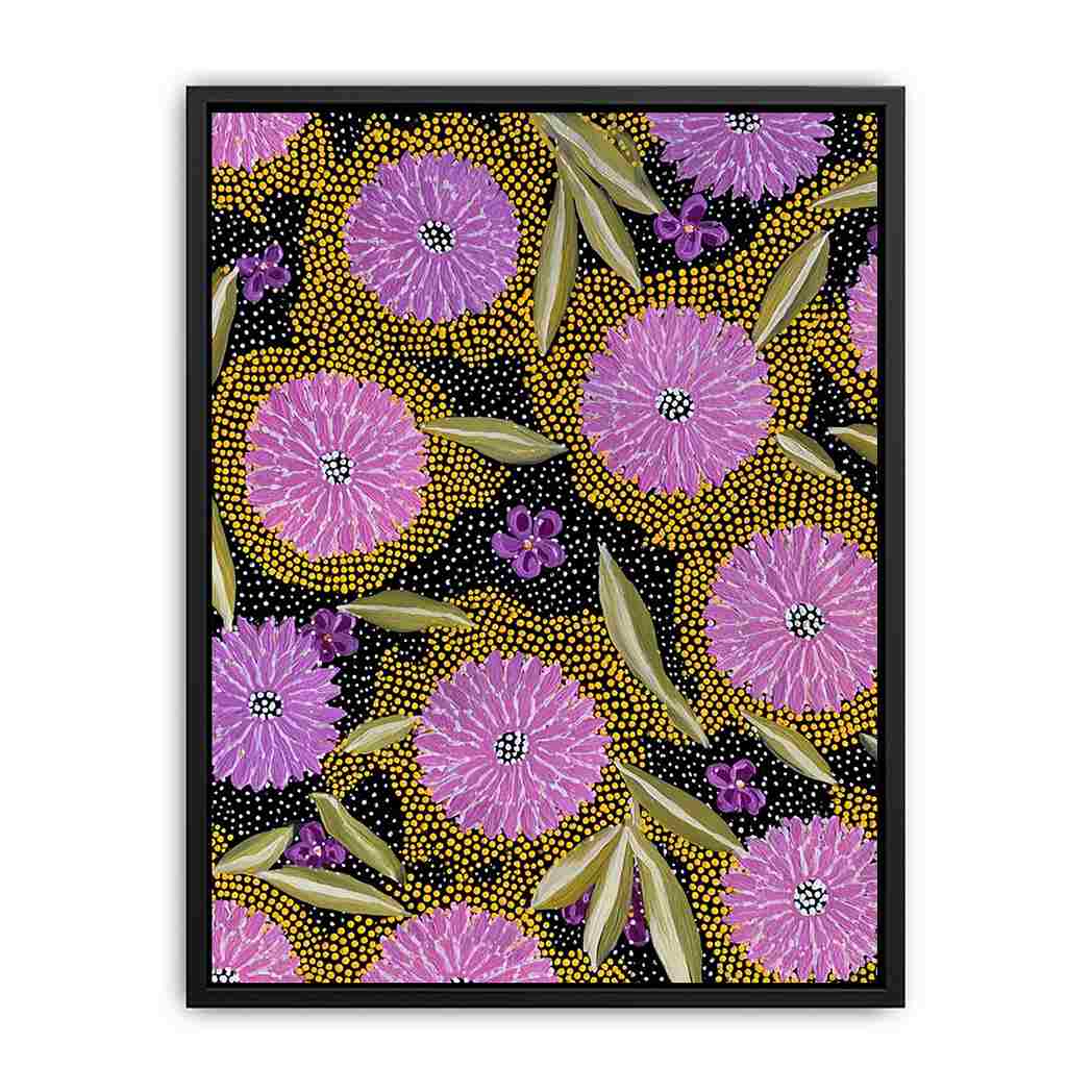 Vertical purple floral canvas art with gold dotted pattern and olive leaves for modern home decor.