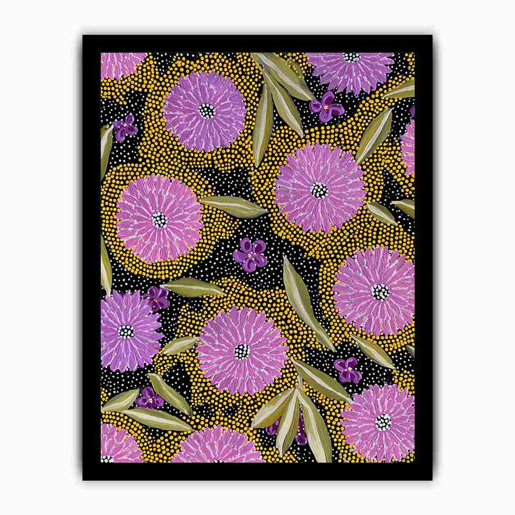 Vertical purple floral canvas art with gold dotted pattern and olive leaves for modern home decor.