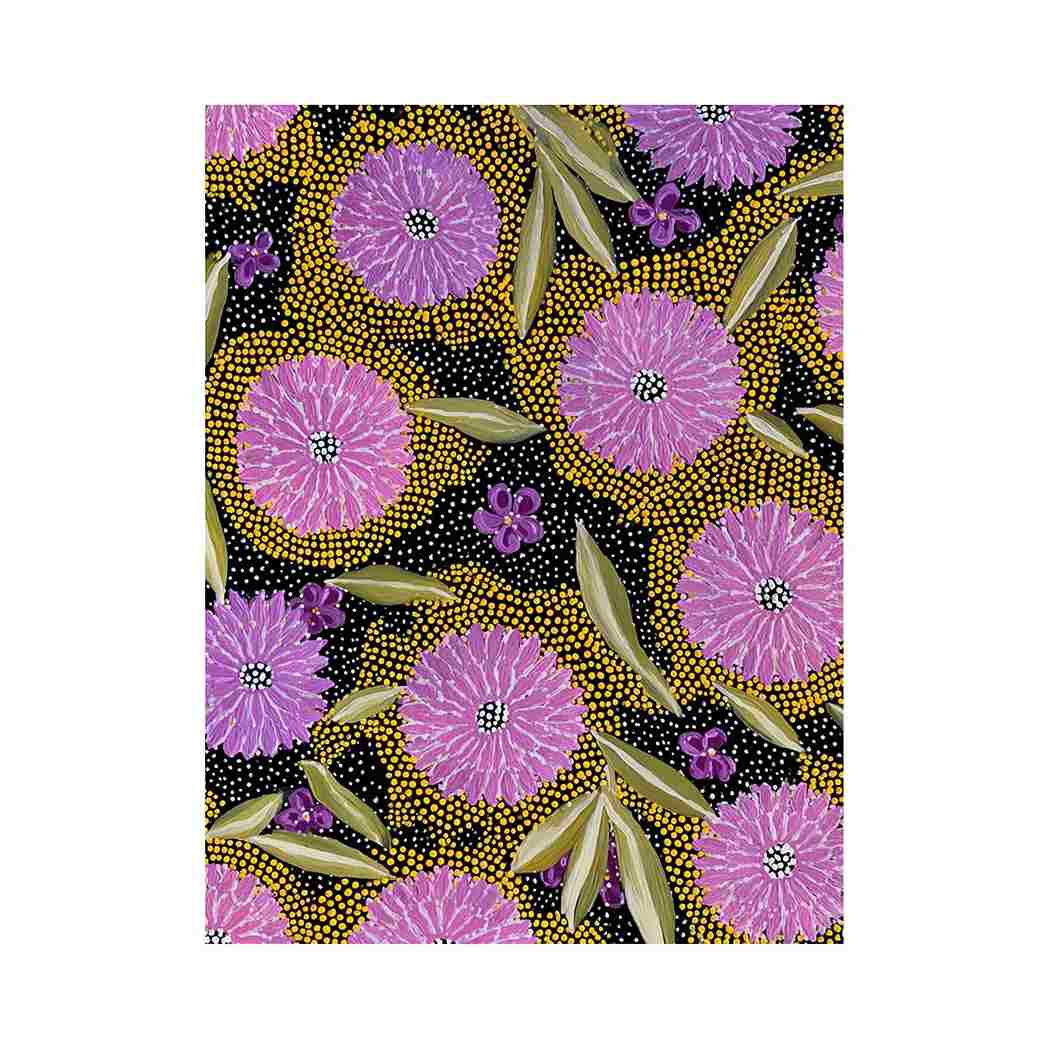 Vertical purple floral canvas art with gold dotted pattern and olive leaves for modern home decor.