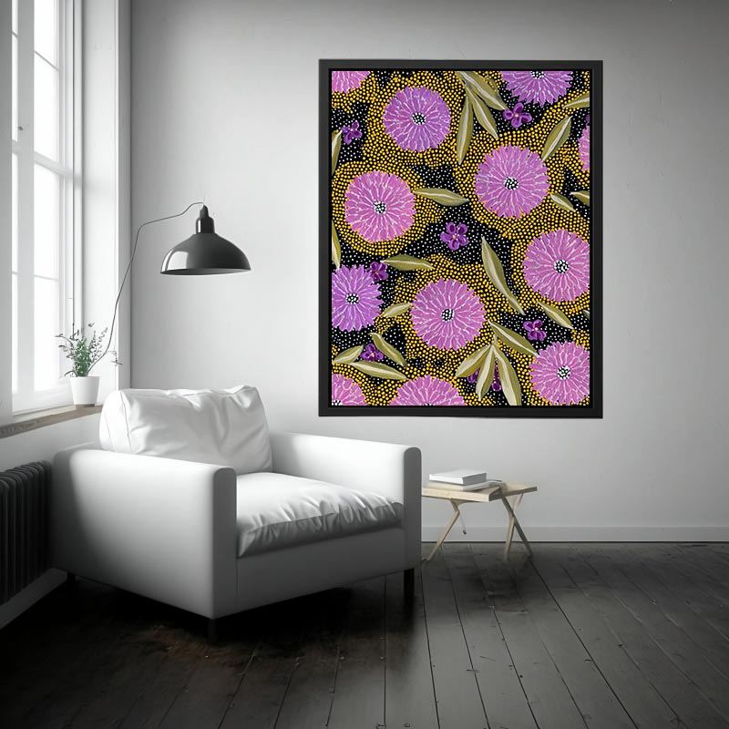 Vertical purple floral canvas art with gold dotted pattern and olive leaves for modern home decor.