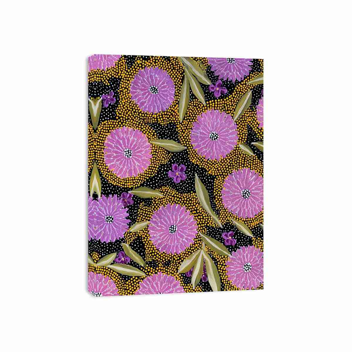 Vertical purple floral canvas art with gold dotted pattern and olive leaves for modern home decor.