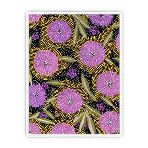 Vertical purple floral canvas art with gold dotted pattern and olive leaves for modern home decor.