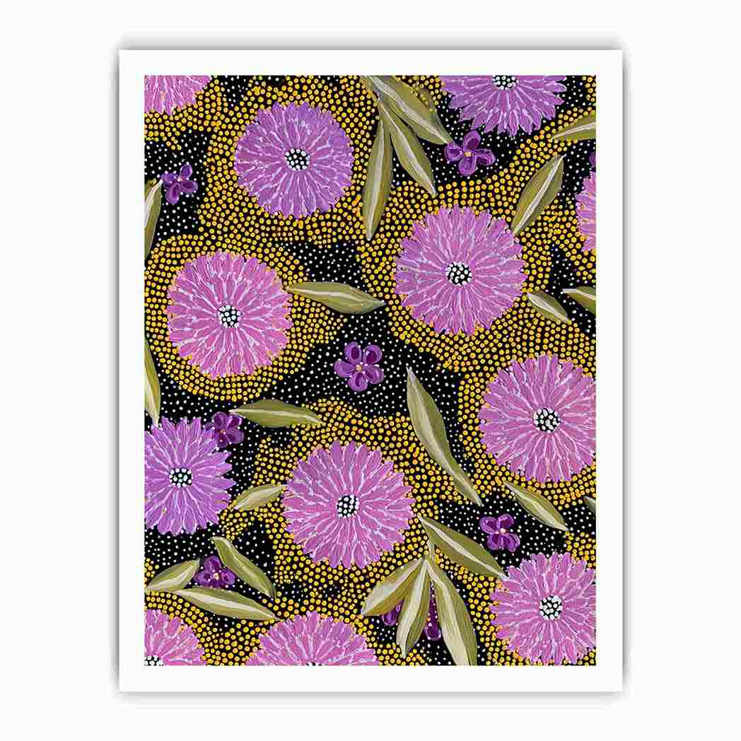 Vertical purple floral canvas art with gold dotted pattern and olive leaves for modern home decor.