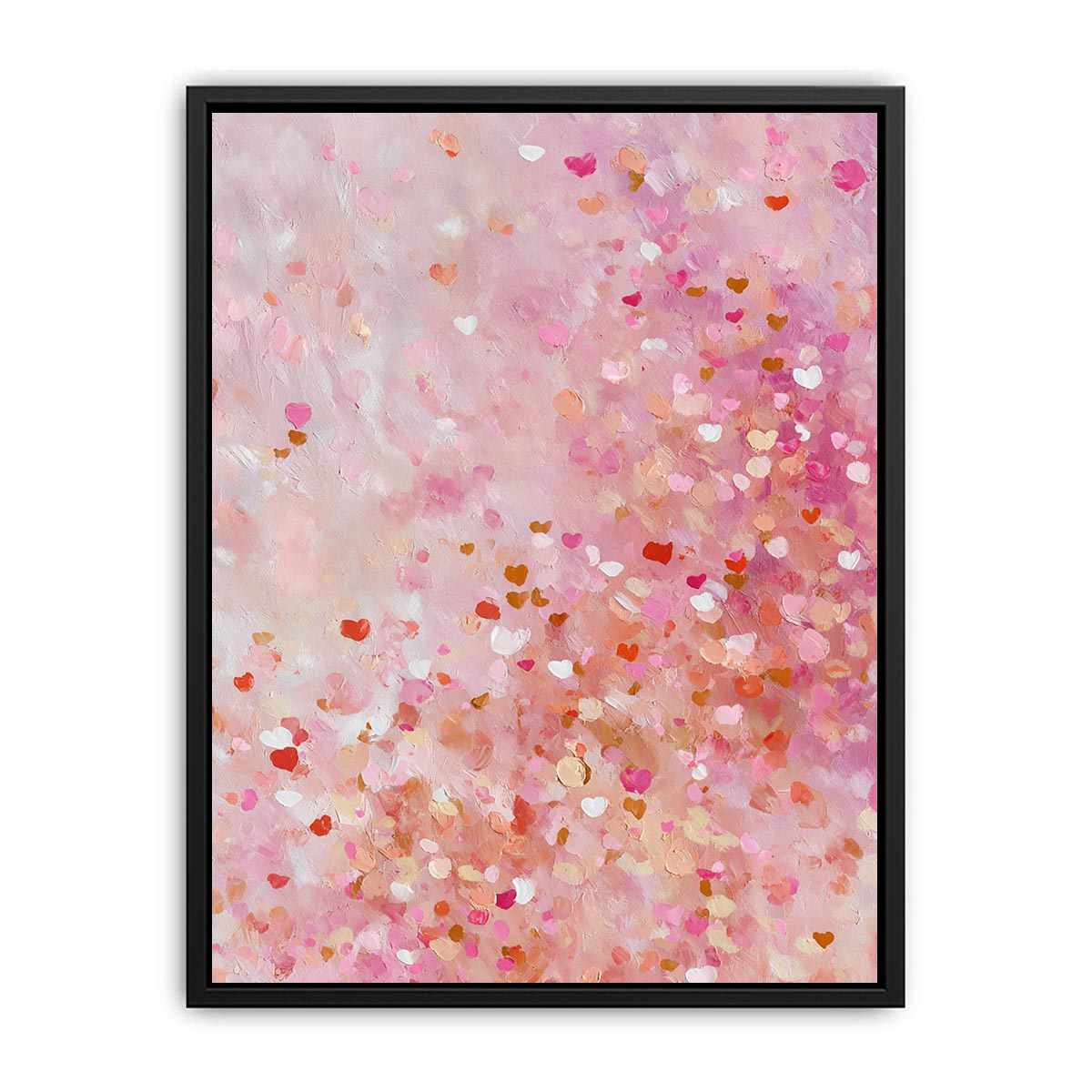 Soft pink abstract canvas art with heart-like confetti marks for bedroom or nursery decor.