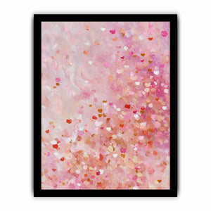 Soft pink abstract canvas art with heart-like confetti marks for bedroom or nursery decor.
