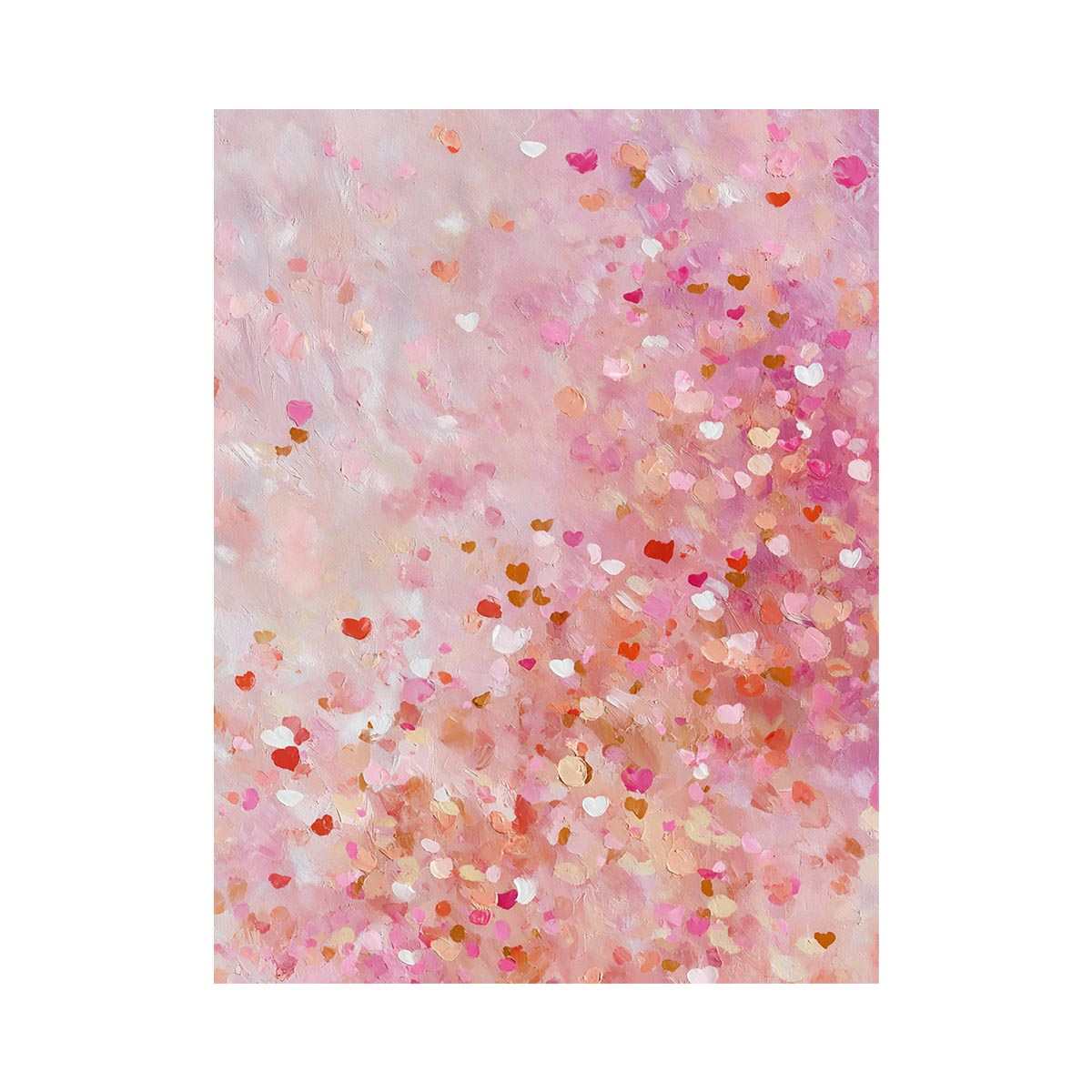 Soft pink abstract canvas art with heart-like confetti marks for bedroom or nursery decor.