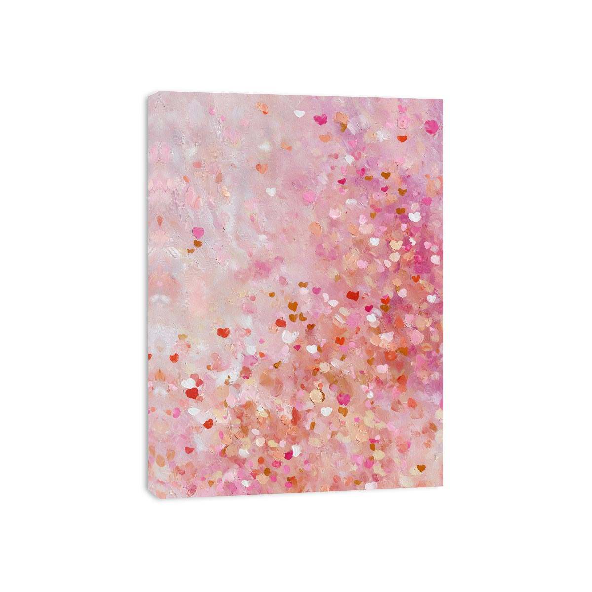 Soft pink abstract canvas art with heart-like confetti marks for bedroom or nursery decor.