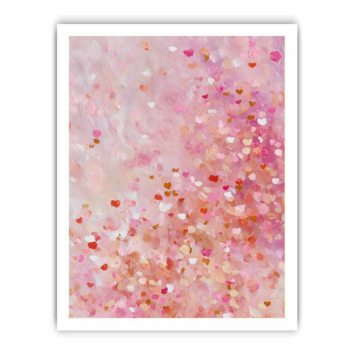 Soft pink abstract canvas art with heart-like confetti marks for bedroom or nursery decor.