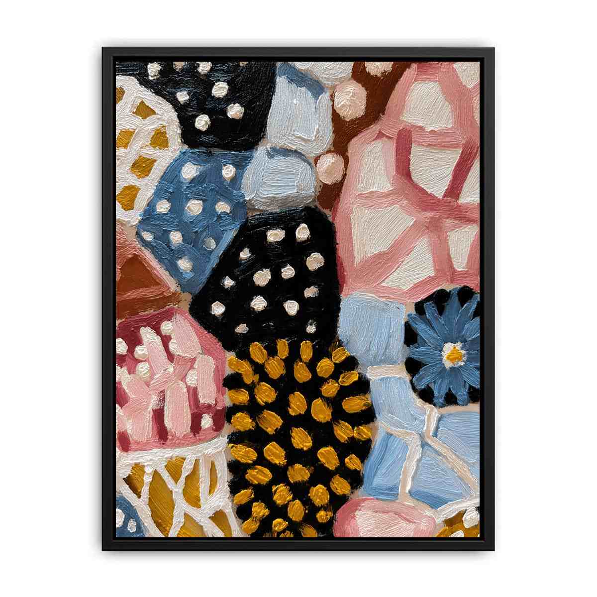 Textured abstract floral canvas art with blue daisy, black dots, and patchwork shapes for modern decor.