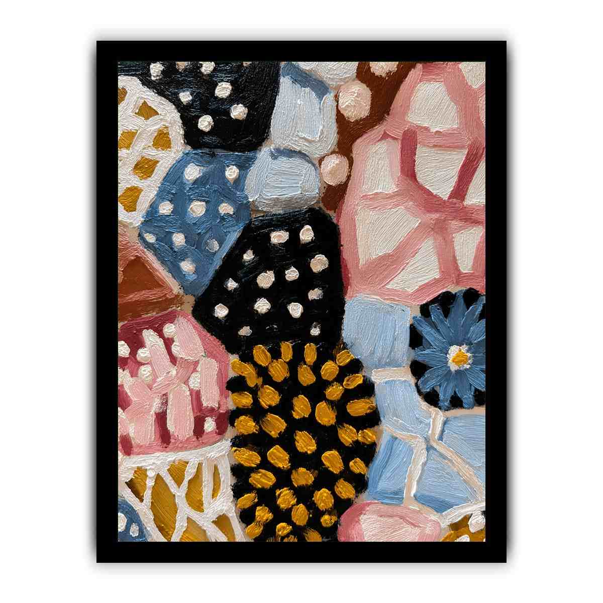 Textured abstract floral canvas art with blue daisy, black dots, and patchwork shapes for modern decor.