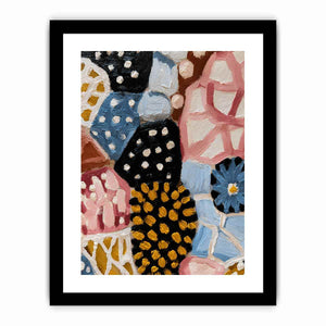 Textured abstract floral canvas art with blue daisy, black dots, and patchwork shapes for modern decor.