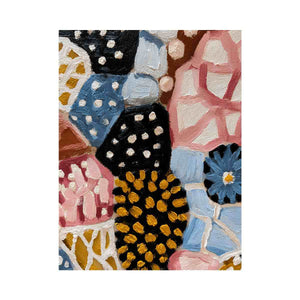 Textured abstract floral canvas art with blue daisy, black dots, and patchwork shapes for modern decor.
