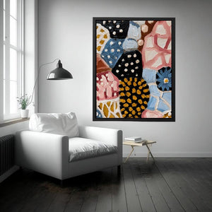 Textured abstract floral canvas art with blue daisy, black dots, and patchwork shapes for modern decor.