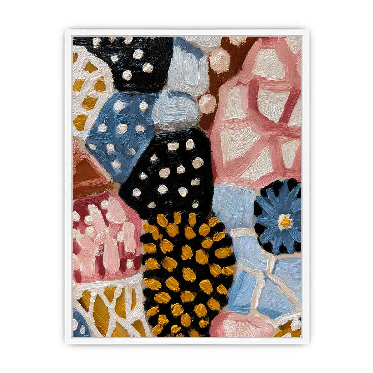 Textured abstract floral canvas art with blue daisy, black dots, and patchwork shapes for modern decor.
