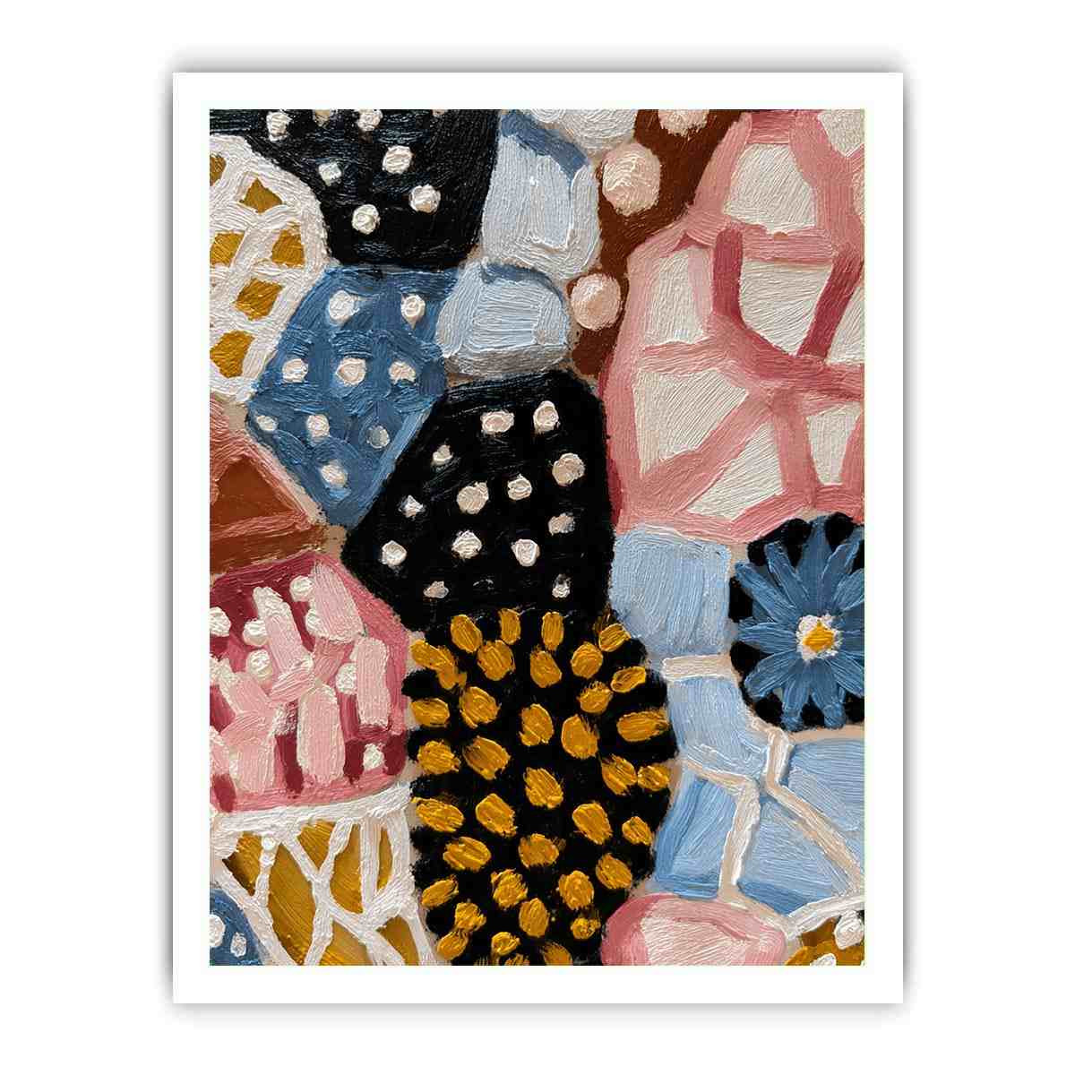 Textured abstract floral canvas art with blue daisy, black dots, and patchwork shapes for modern decor.