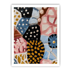 Textured abstract floral canvas art with blue daisy, black dots, and patchwork shapes for modern decor.