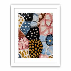 Textured abstract floral canvas art with blue daisy, black dots, and patchwork shapes for modern decor.