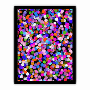 Colorful abstract confetti canvas art with bright circles on black for playful modern decor.