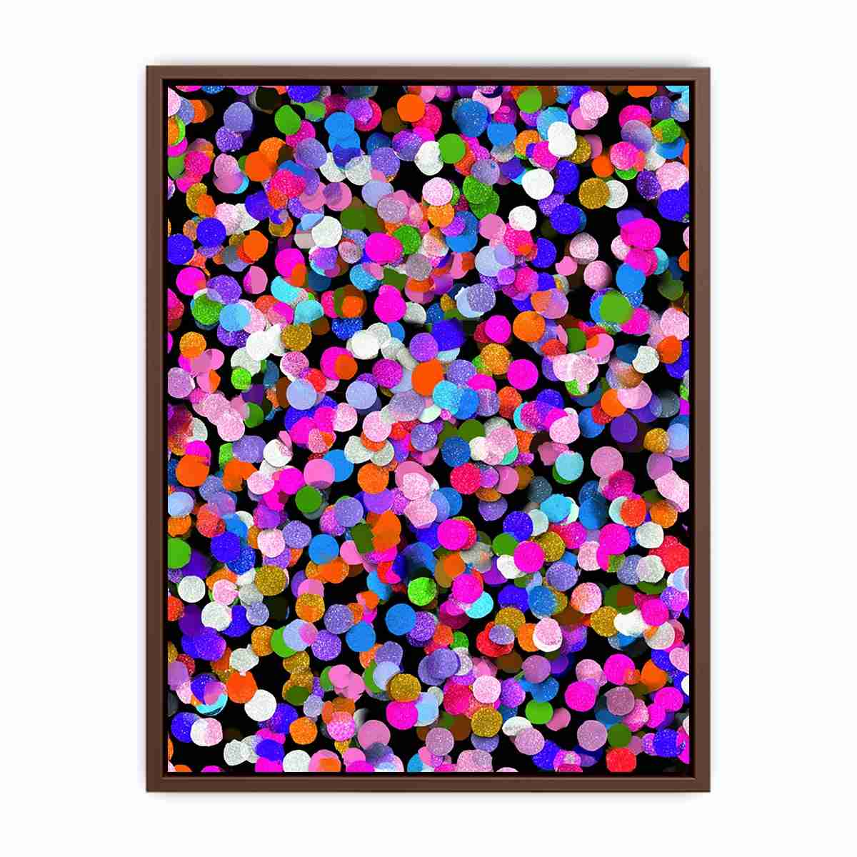 Colorful abstract confetti canvas art with bright circles on black for playful modern decor.