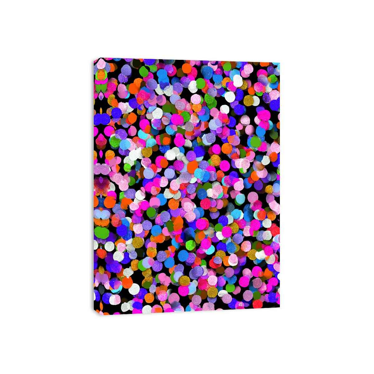 Colorful abstract confetti canvas art with bright circles on black for playful modern decor.