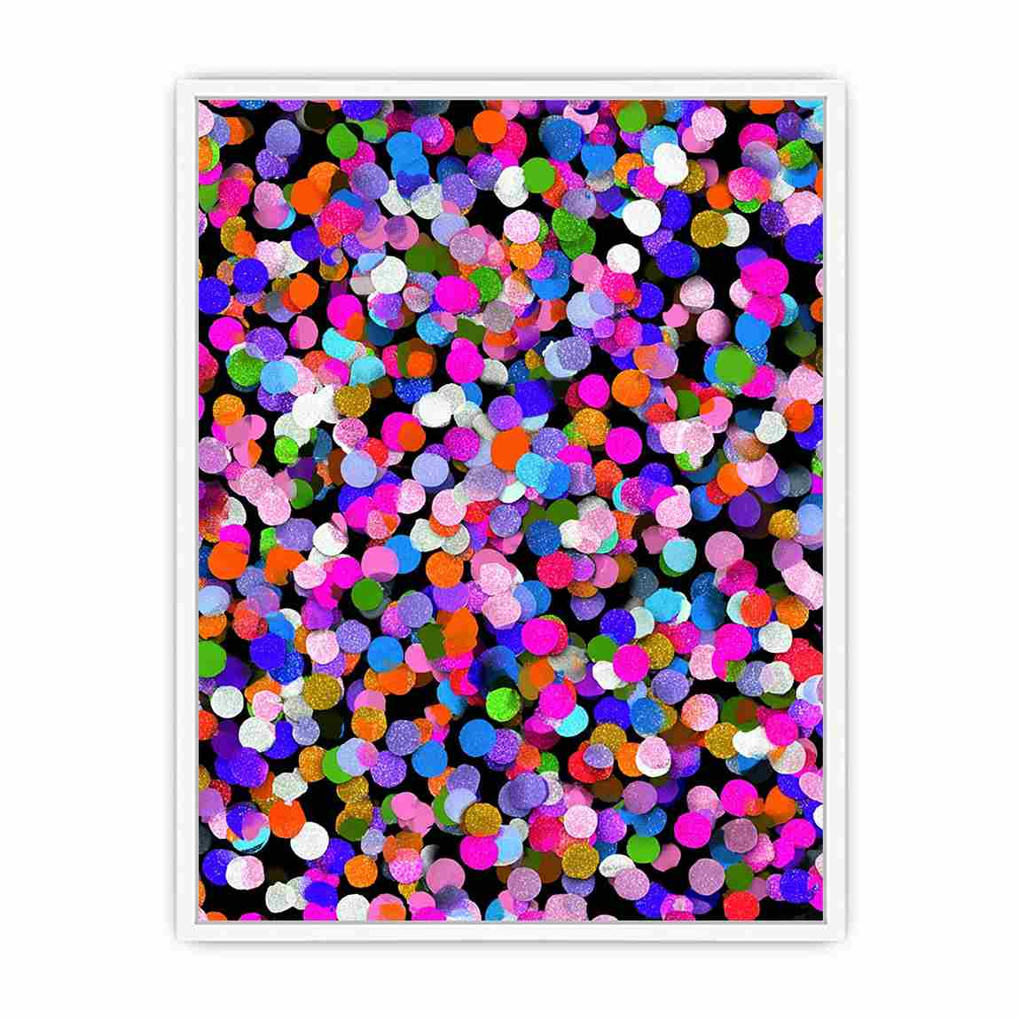Colorful abstract confetti canvas art with bright circles on black for playful modern decor.