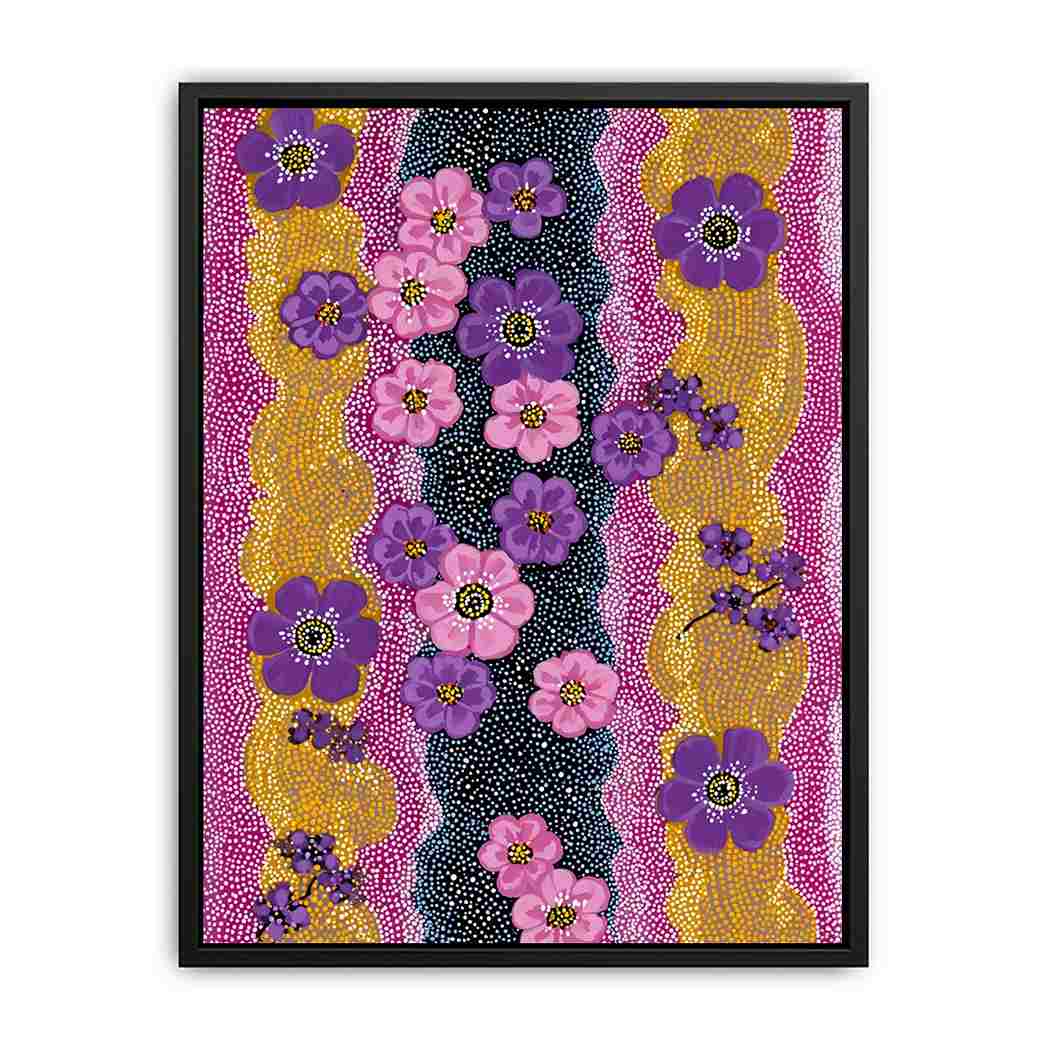 Vertical purple and pink floral canvas art with dotted gold pattern for modern statement decor.