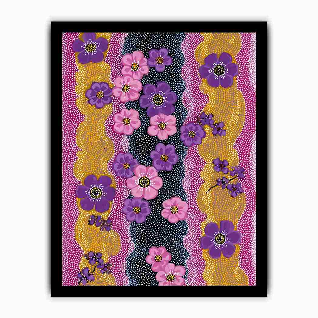 Vertical purple and pink floral canvas art with dotted gold pattern for modern statement decor.