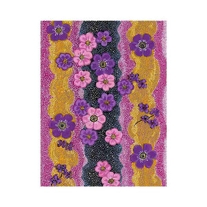 Vertical purple and pink floral canvas art with dotted gold pattern for modern statement decor.