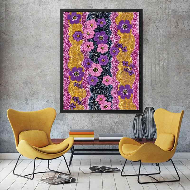 Vertical purple and pink floral canvas art with dotted gold pattern for modern statement decor.