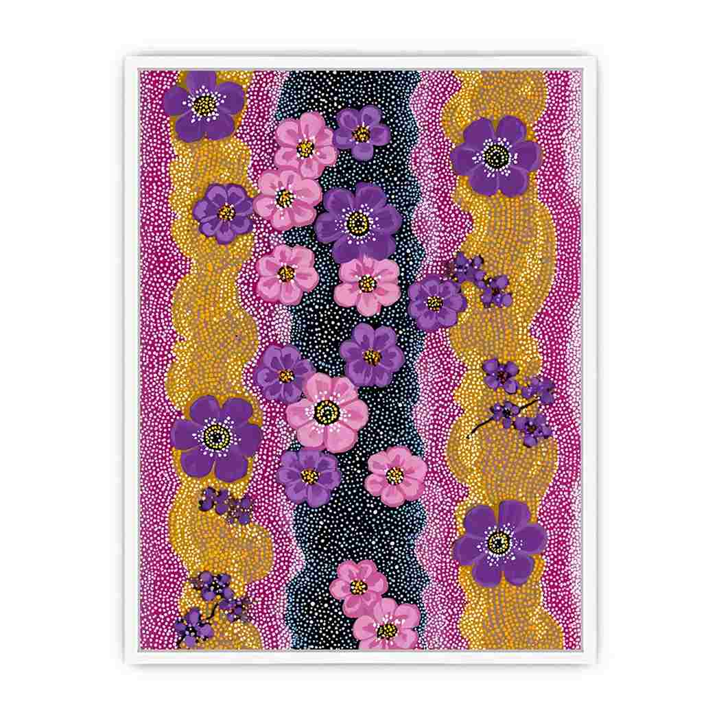 Vertical purple and pink floral canvas art with dotted gold pattern for modern statement decor.