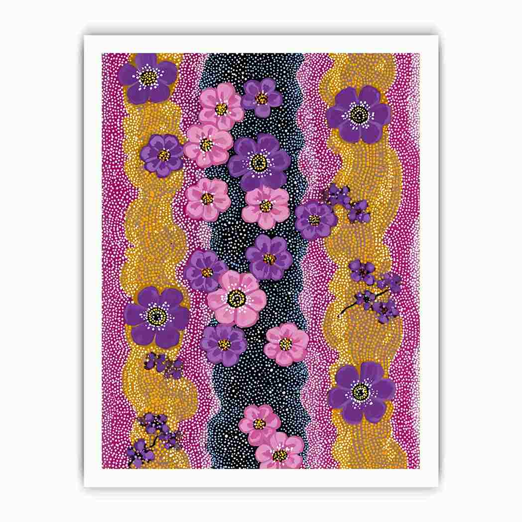 Vertical purple and pink floral canvas art with dotted gold pattern for modern statement decor.