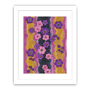 Vertical purple and pink floral canvas art with dotted gold pattern for modern statement decor.