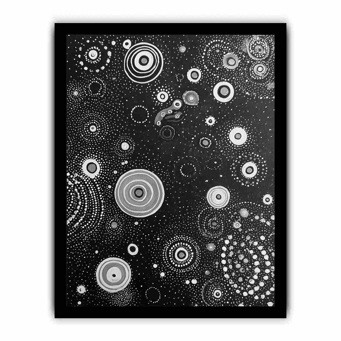 Black and white abstract canvas art with dotted circles for modern living room or office decor.