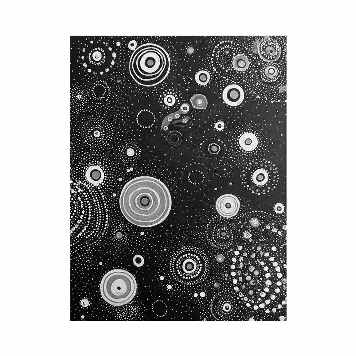 Black and white abstract canvas art with dotted circles for modern living room or office decor.