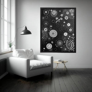 Black and white abstract canvas art with dotted circles for modern living room or office decor.