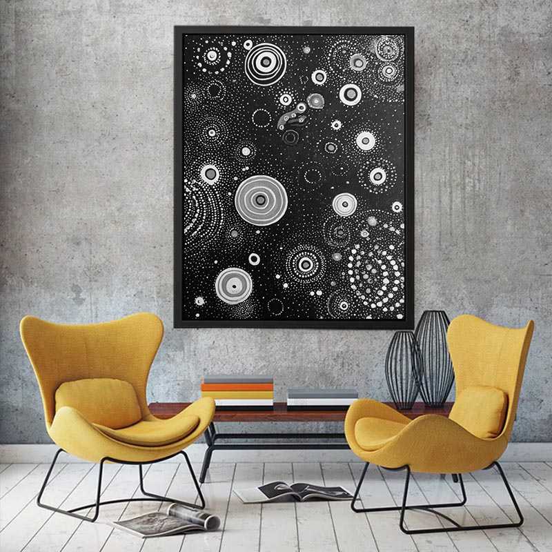 Black and white abstract canvas art with dotted circles for modern living room or office decor.